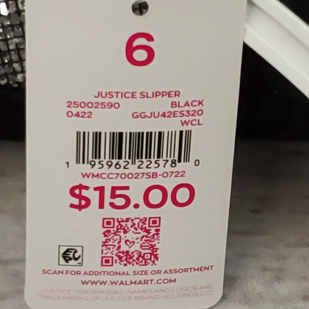 Justice girls slippers silver bling, pink logo, black faux fur size 6